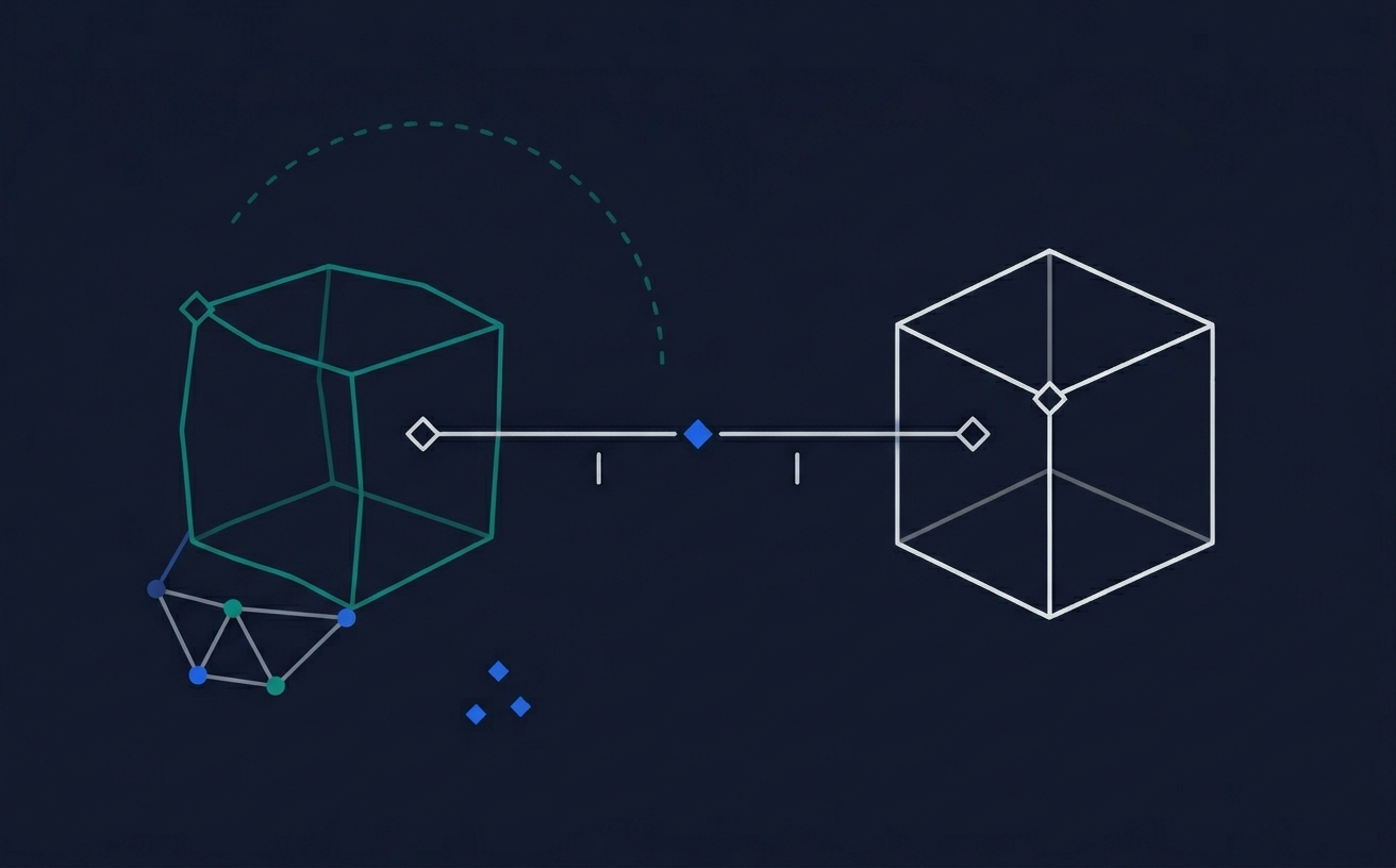 Enterprise conversational AI deployments — two connected wireframe structures representing platform meeting real-world environments